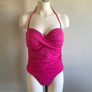 La Blanca Hot Pink Ruched Halter One Piece Swimwesr Swim Bathing Suit Size 14